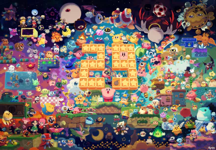 4K Ultra HD PC desktop wallpaper featuring a vibrant collage of colorful Kirby video game characters and scenes in a dynamic, playful composition.