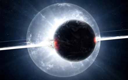 A stunning HD sci-fi desktop wallpaper featuring a space explosion with a luminous ring and beams of light encircling a dark planet.