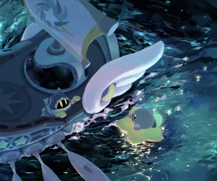 HD PC desktop wallpaper featuring Magolor from the Kirby video game series, hovering above shimmering water in a dark, magical environment.