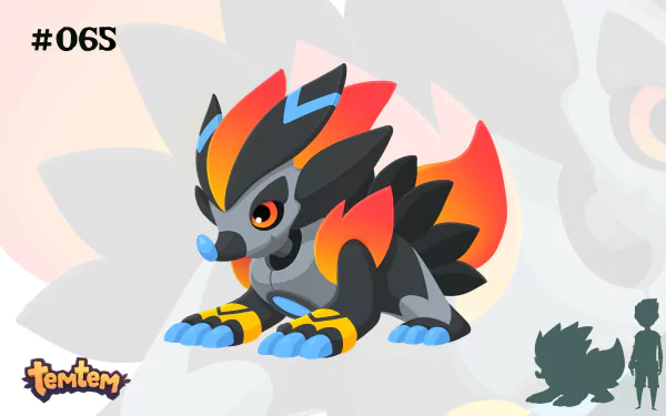 HD desktop wallpaper featuring a vibrant Temtem creature, tagged #06S, with dynamic flame-like elements, within the Temtem universe.