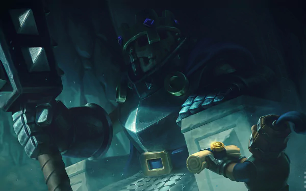 Clash Royale video game HD PC desktop wallpaper: a towering armored warrior grips a massive hammer in a dark, icy cavern, lit by dramatic teal highlights.