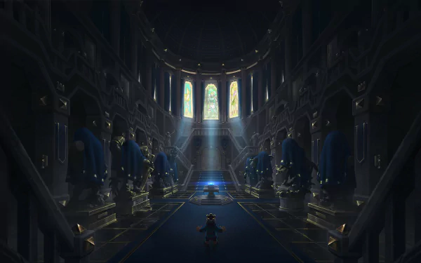 Clash Royale HD PC desktop wallpaper: a dim, majestic castle hall with stained-glass windows and beams of light, rows of armored statues along the aisles and a lone small figure centered.