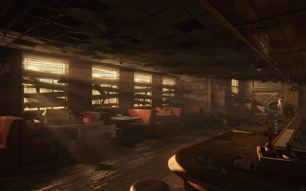 HD PC desktop wallpaper background of The Last Of Us Part I video game: sunlit, dusty abandoned diner with boarded windows and empty booths in a post-apocalyptic setting.