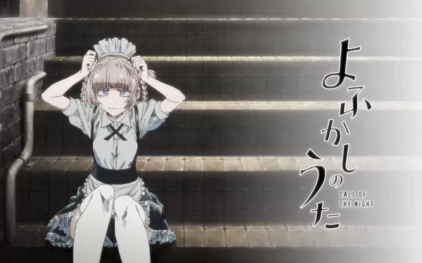 Nazuna Nanakusa from the anime Call of the Night sits on stone steps in a maid outfit, featured in an HD PC desktop wallpaper and background.