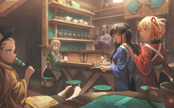 4K Ultra HD anime wallpaper featuring Chisato Nishikigi, Takina Inoue, Mika, Mizuki Nakahara, and Kurumi from Lycoris Recoil in a cozy café setting.