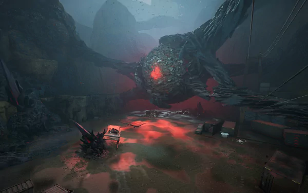 HD Shatterline game wallpaper featuring a mysterious red crystal formation in a dystopian landscape for desktop background.