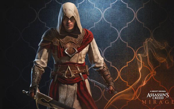 Assassin's Creed Mirage hero in hooded white-and-red robes, blades drawn against an ornate tiled backdrop with embers — 4K Ultra HD PC desktop wallpaper/background