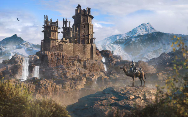 4K Ultra HD PC wallpaper showcasing a detailed castle and rider in a mountainous landscape from the video game Assassin's Creed Mirage.