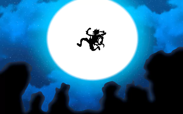 Silhouette of Monkey D. Luffy in Gear 5 form against a bright full moon in an 8K Ultra HD One Piece anime desktop wallpaper.