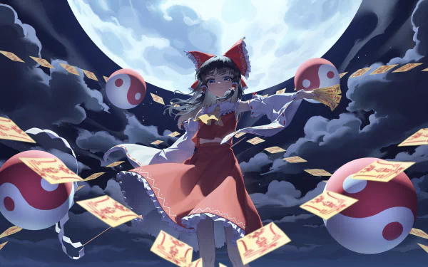 4K Ultra HD anime wallpaper featuring Reimu Hakurei from Touhou, standing under a glowing full moon with floating yin-yang orbs and paper talismans swirling around her.