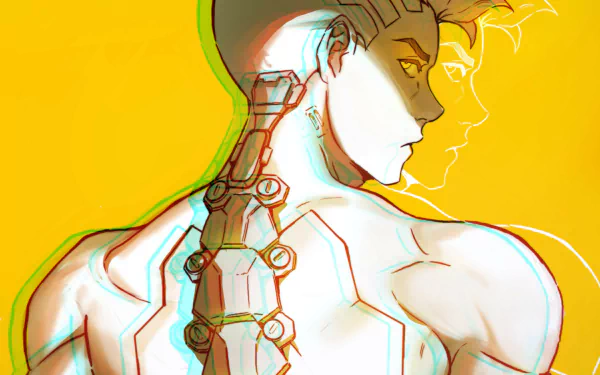 HD PC desktop wallpaper featuring David from Cyberpunk: Edgerunners in an anime-style artwork with vibrant yellow background and cybernetic enhancements.