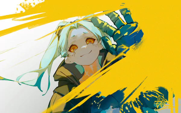 HD desktop wallpaper featuring Rebecca from the anime Cyberpunk: Edgerunners, with a vibrant and colorful design.
