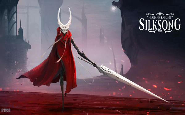 HD PC wallpaper of Hornet from the video game Hollow Knight: Silksong — cloaked figure in red with a long needle blade, standing on a misty, ruined landscape under a pale sky.