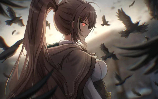 4K Ultra HD anime wallpaper featuring Nanashi Mumei, a Virtual YouTuber from hololive, surrounded by dark crows against a moody sky backdrop.