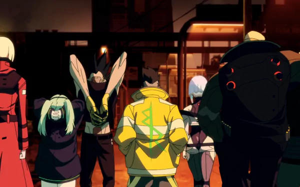 HD PC desktop wallpaper featuring Dorio, Rebecca, Lucy, and David from the anime Cyberpunk: Edgerunners in a dark, futuristic urban setting.
