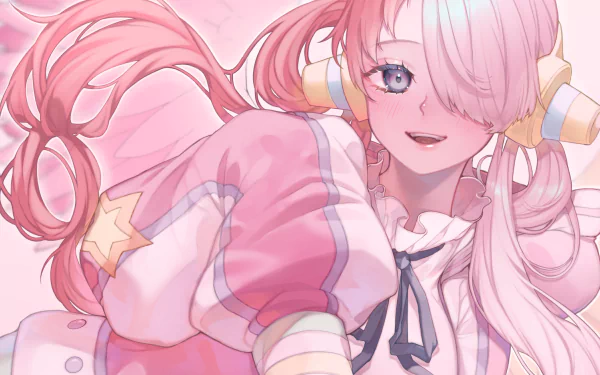 HD anime desktop wallpaper featuring Uta from One Piece with flowing pink hair and a cheerful expression.