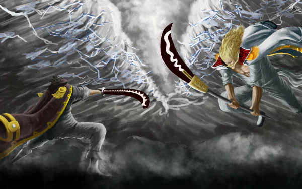 HD PC wallpaper featuring Gol D. Roger and Edward Newgate from the anime One Piece, depicted in dynamic battle amid stormy clouds and lightning.