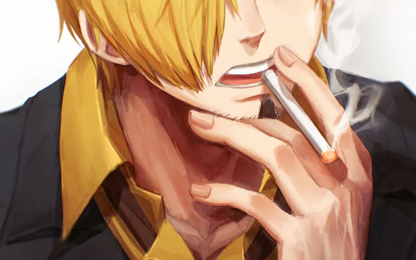 Sanji (One Piece) anime HD PC desktop wallpaper: close-up of Sanji smoking, blond hair over one eye, black suit with yellow shirt, cigarette smoke curling.
