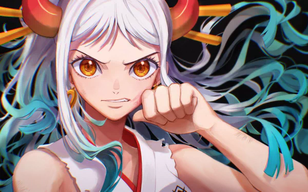 HD anime desktop wallpaper featuring Yamato from One Piece with determined expression and dynamic flowing hair against a dark background.