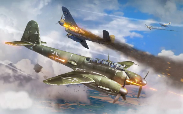 HD desktop wallpaper depicting a Luftwaffe Messerschmitt Me 410 in aerial combat, with one plane engulfed in flames against a cloudy blue sky.