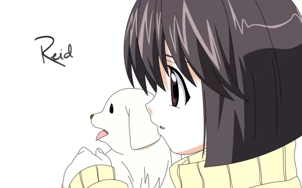 HD anime desktop wallpaper featuring Mayu and Wanta from Elfen Lied, showcasing a close-up of Mayu holding her small white dog against a plain background.