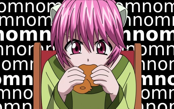 HD PC desktop wallpaper featuring Nana from the anime Elfen Lied, showing her with pink hair and cat ears eating a snack against a black background with repeating white text.
