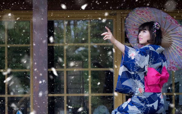 A woman in a beautiful kimono, exuding grace and elegance, set against a serene Asian-inspired HD desktop wallpaper and background.