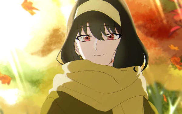 Yor Forger from Spy x Family is depicted in this HD anime desktop wallpaper, wrapped in a cozy scarf with a warm autumn background.