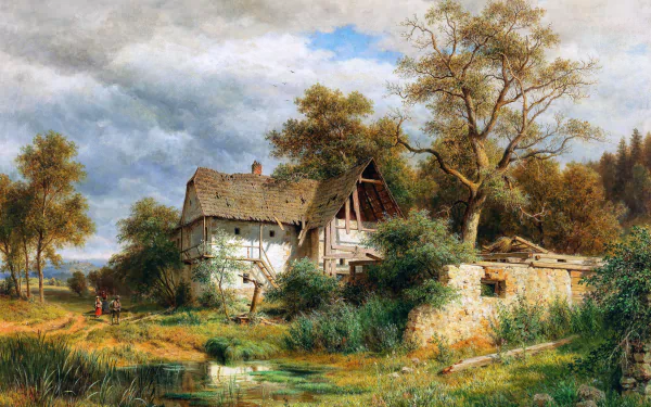 Artistic painting of a rustic countryside house with lush trees and a cloudy sky, rendered in 4K Ultra HD for PC desktop wallpaper and background.