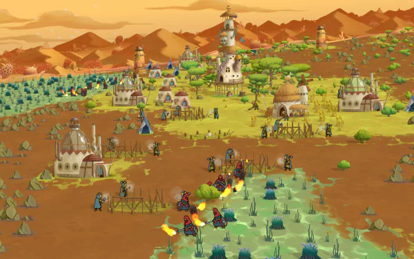 HD desktop wallpaper featuring The Wandering Village game scene with a vibrant village landscape, farms, and fantasy structures under an orange sky.