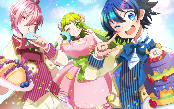 Anime HD PC desktop wallpaper featuring three colorful characters from Mairimashita! Iruma-kun in vibrant outfits against a bright, festive background.