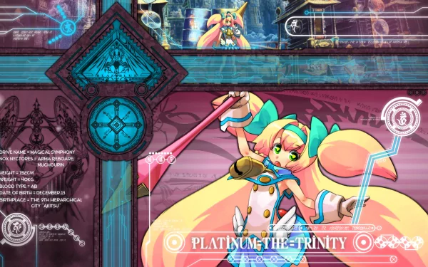 HD PC desktop wallpaper and background from the video game BlazBlue: Continuum Shift showing Platinum the Trinity — a colorful anime heroine with twin-tail blonde hair and staff over a HUD-style backdrop.