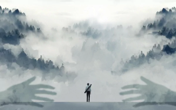 HD PC desktop wallpaper featuring Yuta Okkotsu from the anime Jujutsu Kaisen 0, standing amidst misty, forested mountains with large translucent hands reaching forward.