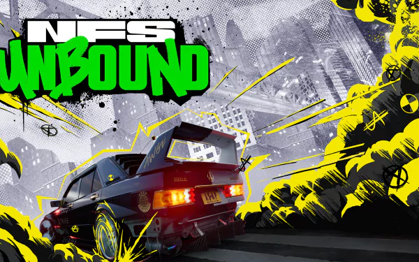 HD PC desktop wallpaper featuring a dynamic car drifting scene from the video game Need for Speed Unbound with vibrant graffiti-style graphics and cityscape background.