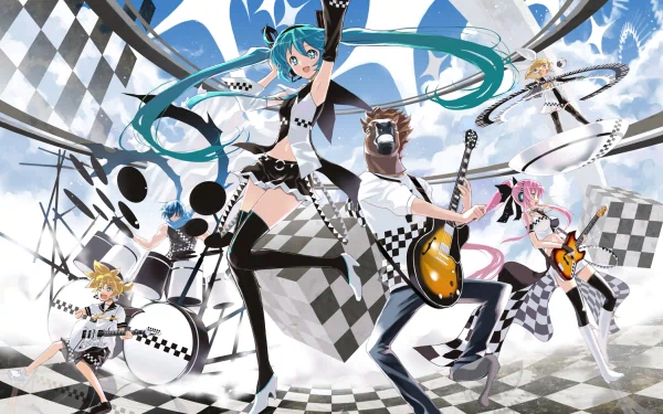 HD PC desktop wallpaper featuring Vocaloid characters Hatsune Miku, Kaito, Rin and Len Kagamine, and Luka Megurine performing as a band in a dynamic anime-style scene.