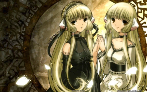 Anime Chobits HD PC desktop wallpaper: twin humanoid characters with long blonde hair, one in black and one in white, touching hands before an ornate golden circular background.