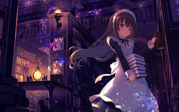 Anime girl dressed as a maid in a dark, glowing library setting, rendered in stunning 8K Ultra HD for a PC desktop wallpaper and background.