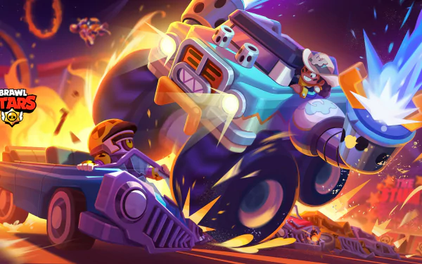 HD PC desktop wallpaper featuring dynamic characters from the video game Brawl Stars in an action-packed, colorful battle scene.