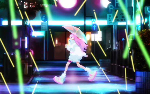 Anime-style HD PC desktop wallpaper featuring a vibrant neon-lit urban scene with a dynamic character, inspired by Akari Watanabe from More than a Married Couple but Not Lovers.