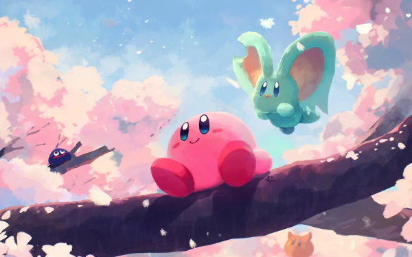 HD PC desktop wallpaper featuring Kirby and colorful video game characters in a bright, whimsical crossover scene against a pastel sky with clouds.