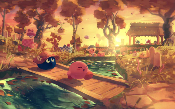 HD PC desktop wallpaper featuring Kirby in a vibrant, serene outdoor setting with lush trees, flowing water, and a warm, glowing sunset, inspired by the video game.