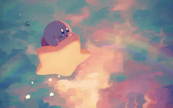 HD PC desktop wallpaper featuring Kirby from the video game, floating on a glowing star against a dreamy, colorful sky backdrop.