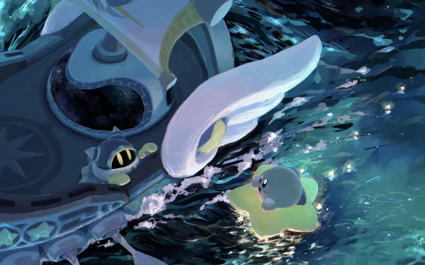 HD PC desktop wallpaper featuring Magolor from the Kirby video game series, hovering above shimmering water in a dark, magical environment.