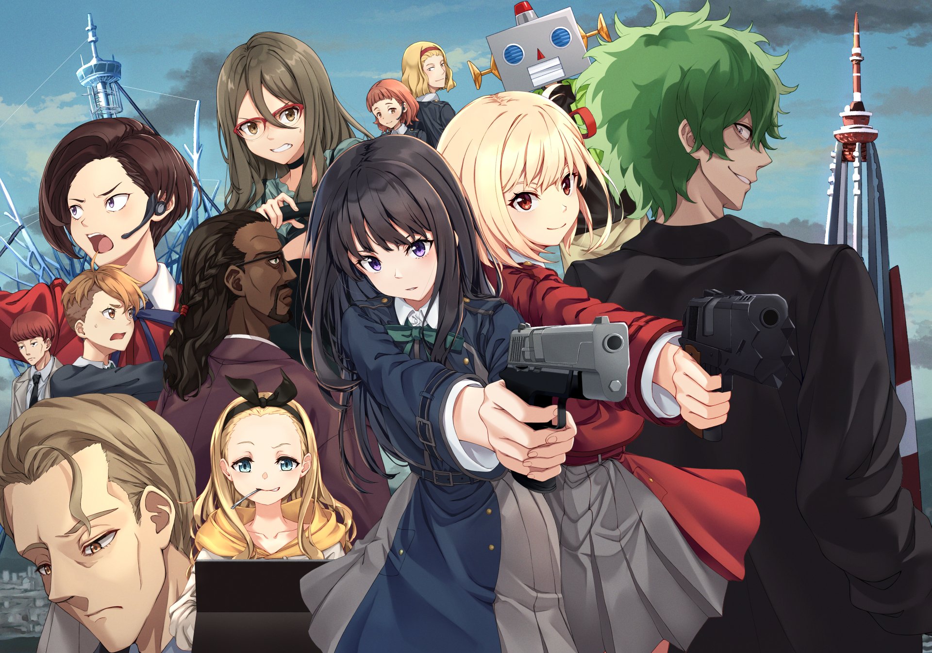 4K Ultra HD anime wallpaper featuring a dynamic cast of characters from Lycoris Recoil, set against a cityscape backdrop with vibrant colors and detailed art.