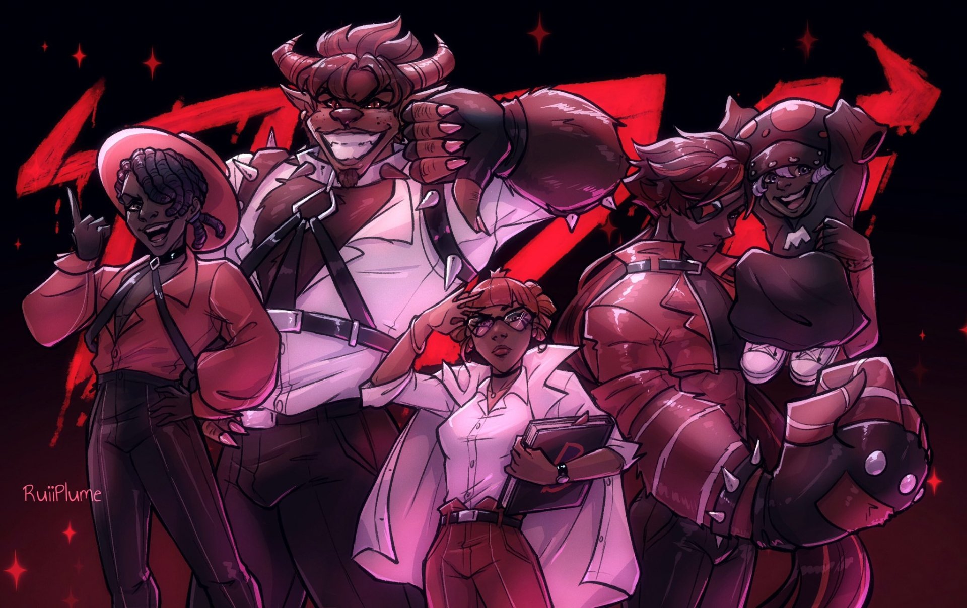 HD PC desktop wallpaper featuring dark, edgy characters from the video game COOKIE RUN: KINGDOM, set against a red and black background with a bold, dynamic design.