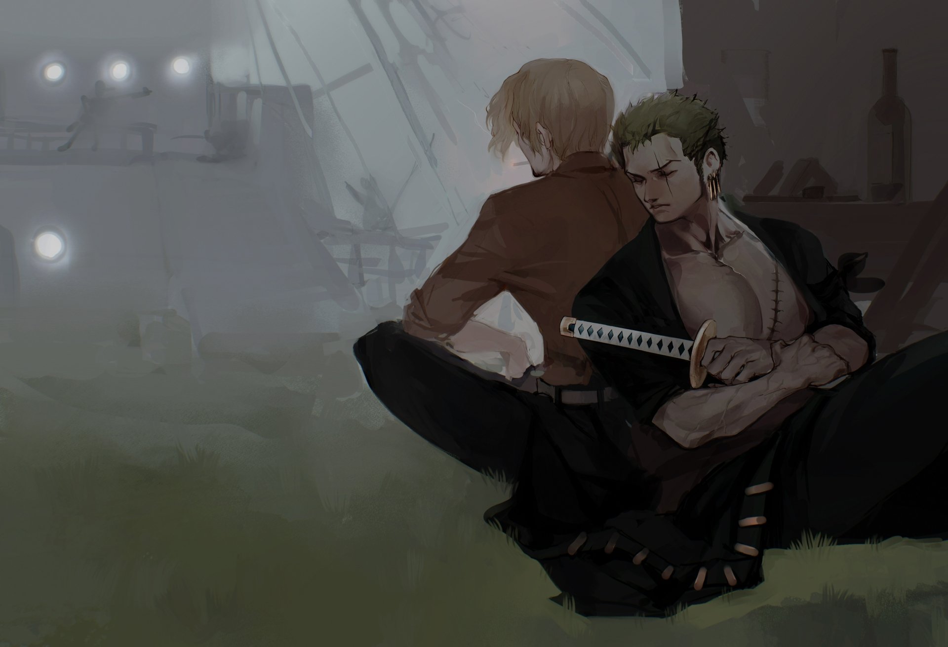 4K Ultra HD PC desktop wallpaper of One Piece anime characters Roronoa Zoro and Sanji, seated back-to-back in a moody, misty harbor; Zoro holds a katana as Sanji looks away.