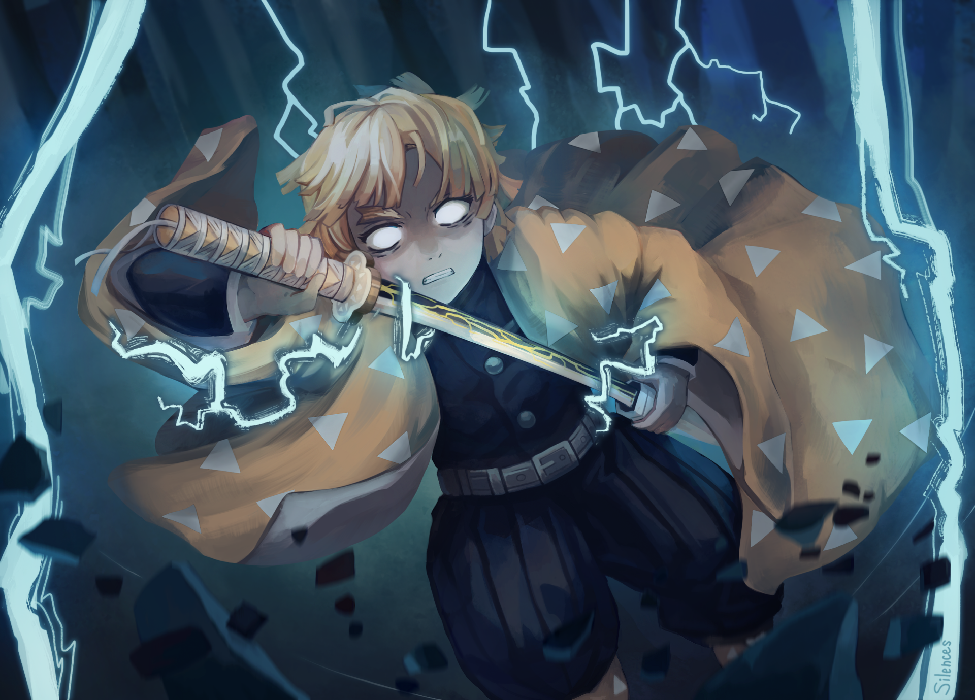HD PC desktop wallpaper featuring Zenitsu Agatsuma from the anime Demon Slayer: Kimetsu no Yaiba, depicted wielding a sword amid striking lightning effects.