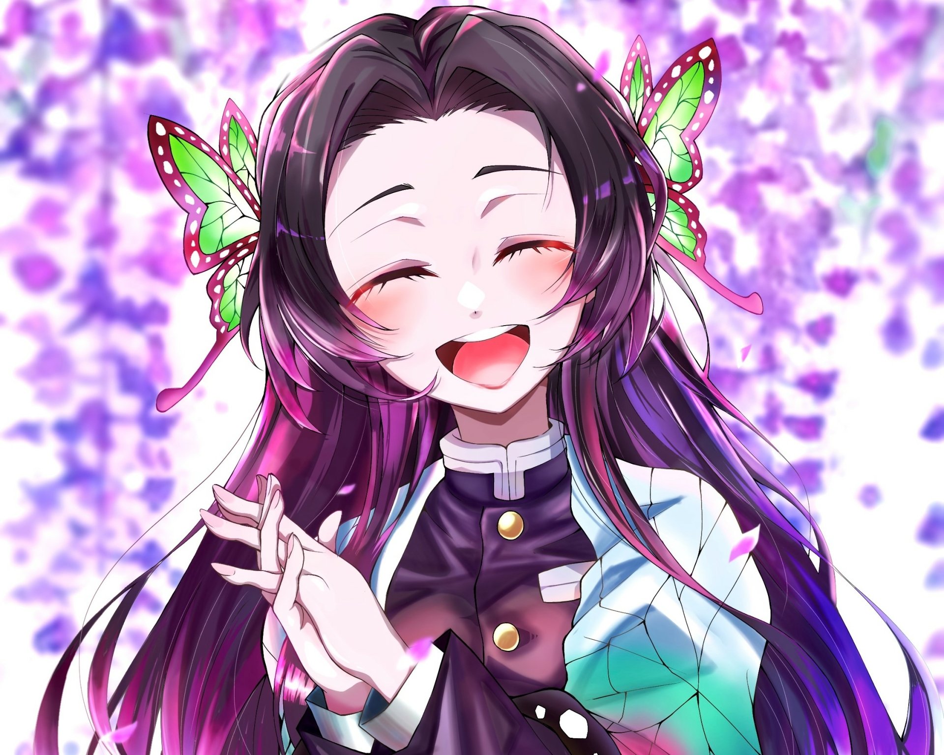 A vibrant HD desktop wallpaper featuring a joyful character from the anime Demon Slayer: Kimetsu no Yaiba, surrounded by colorful butterfly motifs and a lively background.