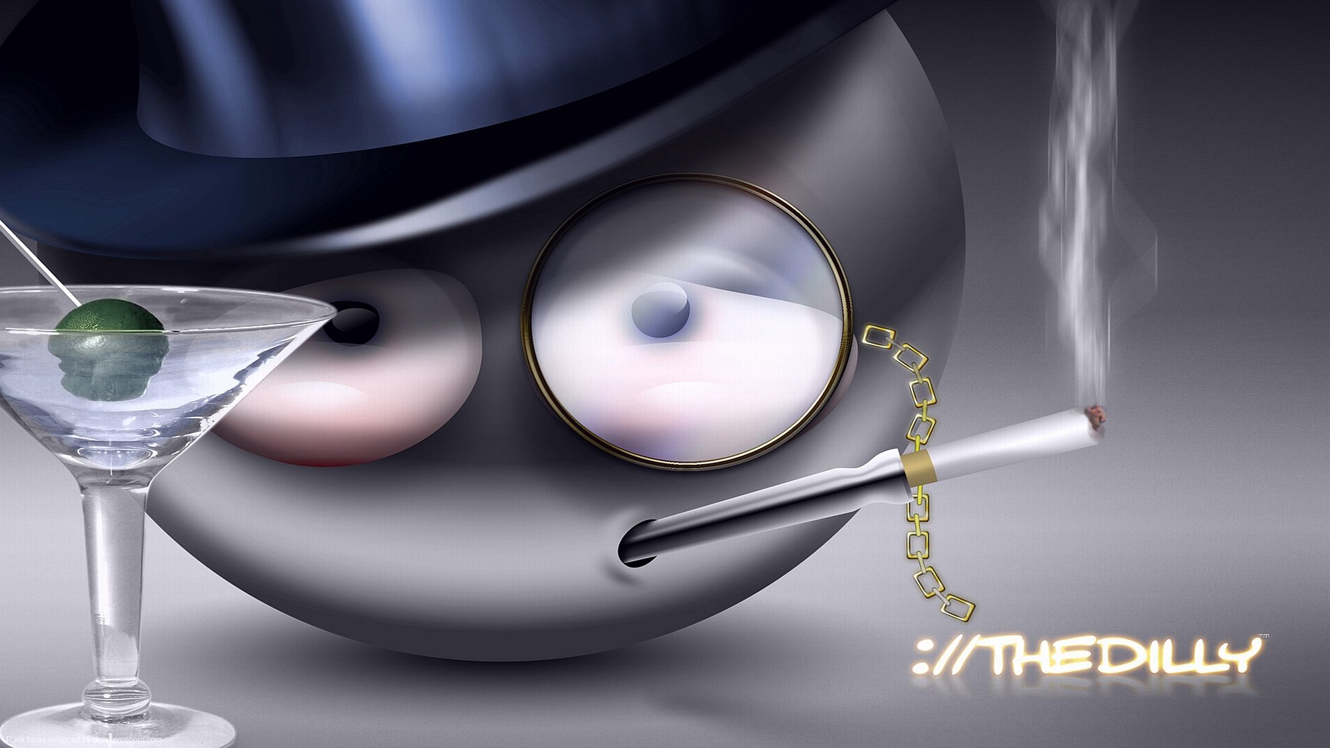 Funny smiley: glossy gray emoticon with monocle, lit cigarette and drifting smoke, martini glass and sly grin — HD PC desktop wallpaper and background.