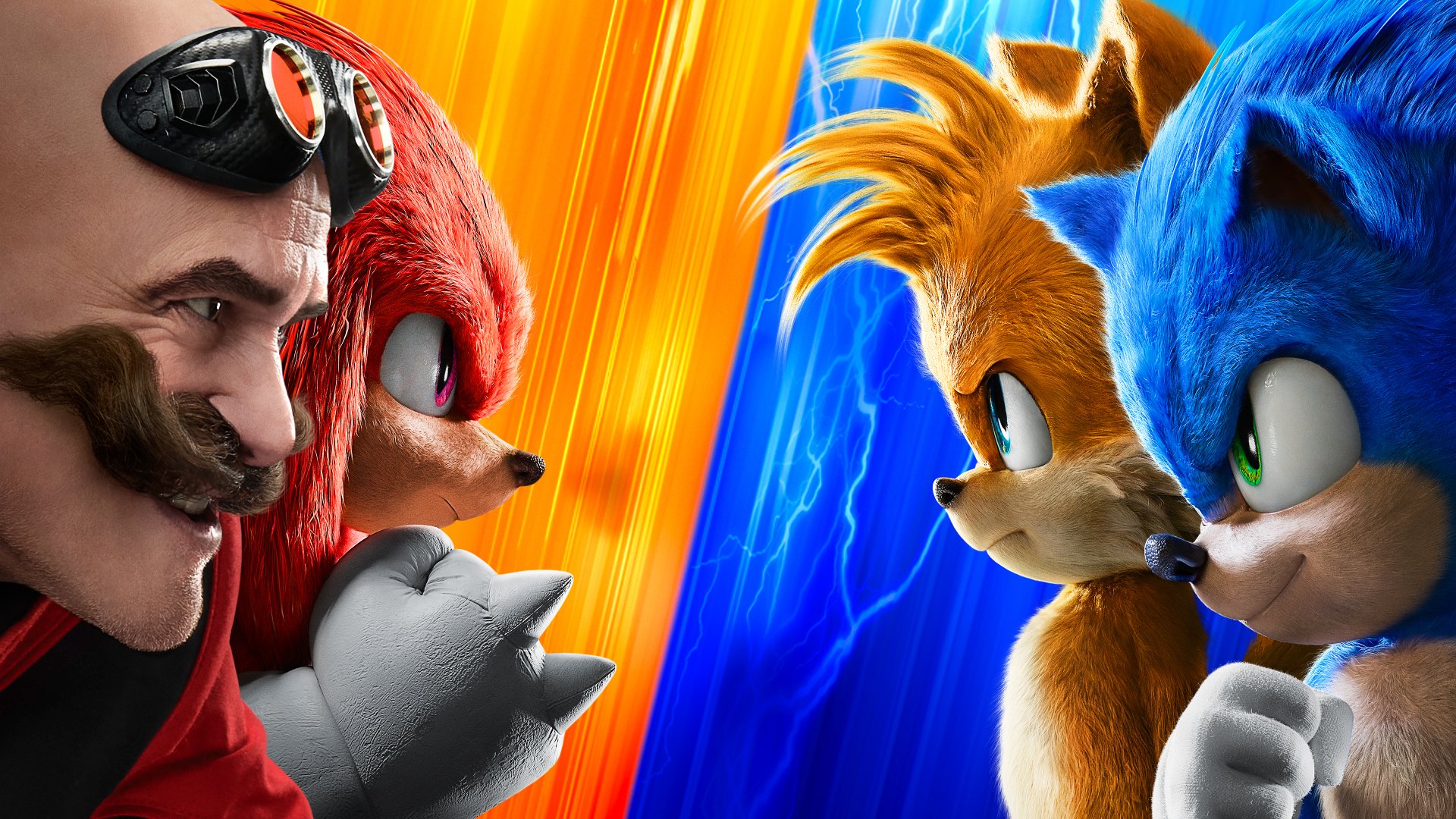 4K Ultra HD movie wallpaper featuring Doctor Eggman, Knuckles the Echidna, Miles 'Tails' Prower, and Sonic the Hedgehog from Sonic The Hedgehog 2.
